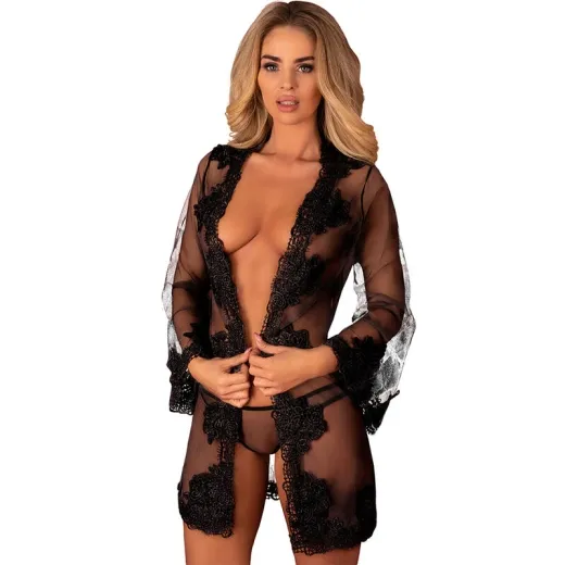 LIVCO CORSETTI FASHION - HERINA LC XG056 MORGENMANTEL + PANTY SCHWARZ EINE GRÖSSE
