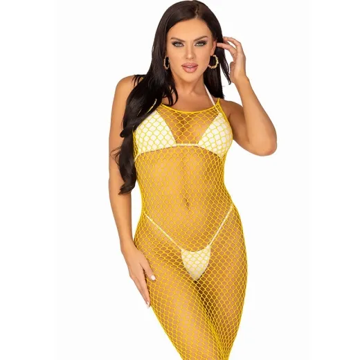LEG AVENUE - LANGES NETZKLEID GELB EINE GRÖSSE