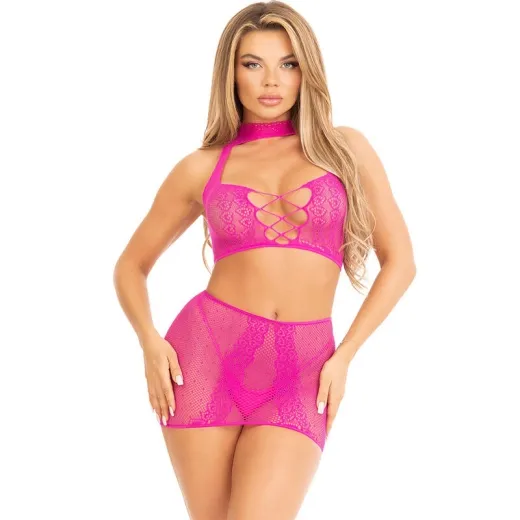 LEG AVENUE - OFFENES SPITZENTOP UND -ROCK IN FUCHSIA