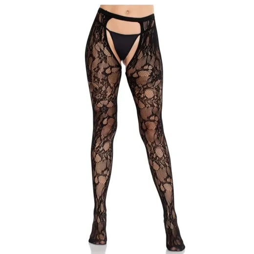 LEG AVENUE - ROSEN-SPITZENSTRÜMPFE MIT OFFENER RÜCKSEITE SCHWARZ