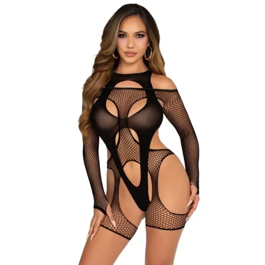 LEG AVENUE - NETZ-BODYSOCKING MIT STRUMPFGÜRTEL UND HARNESS SCHWARZ